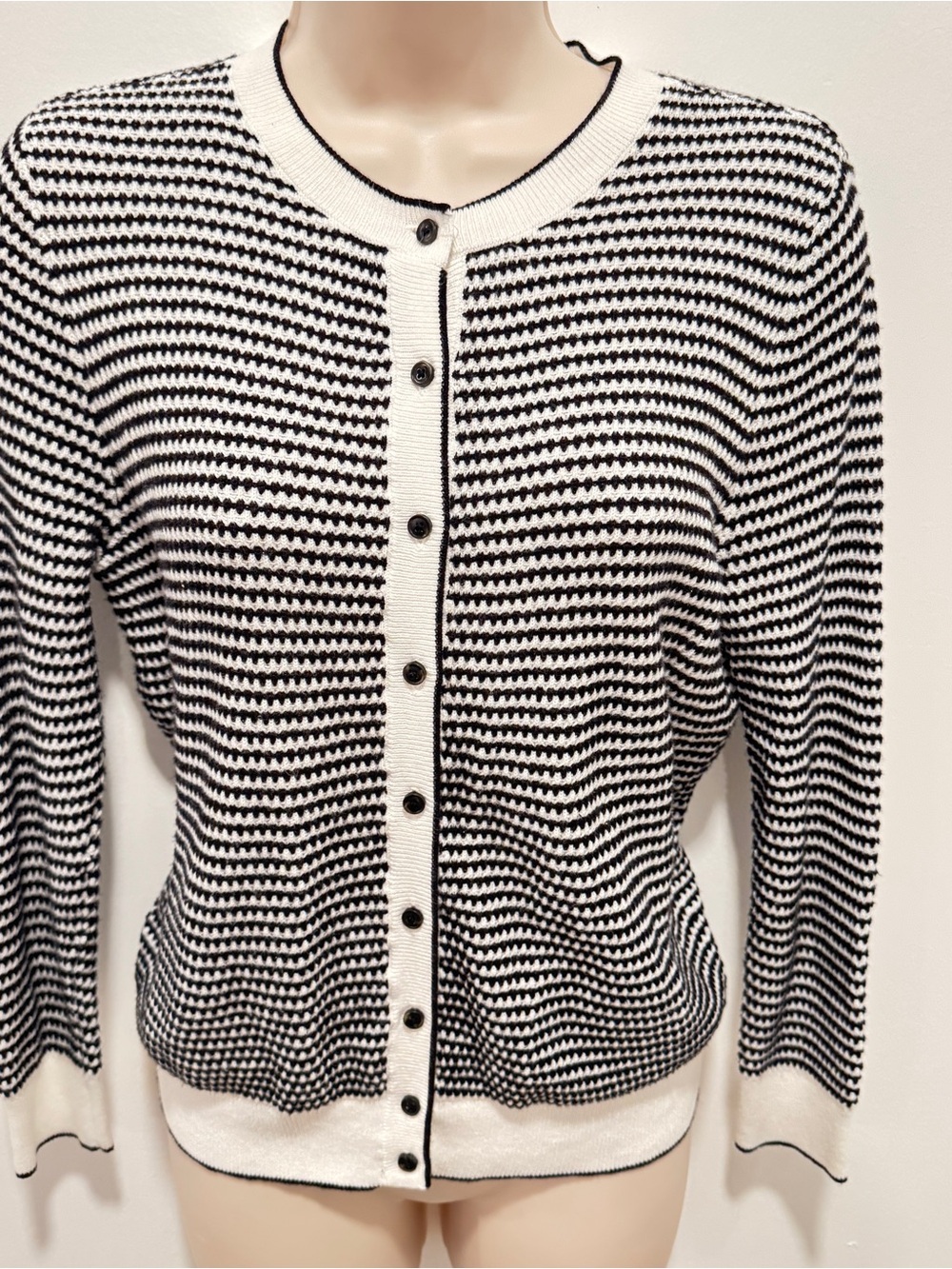 Ann Taylor Black and White Striped Button-Front Cardigan Sweater